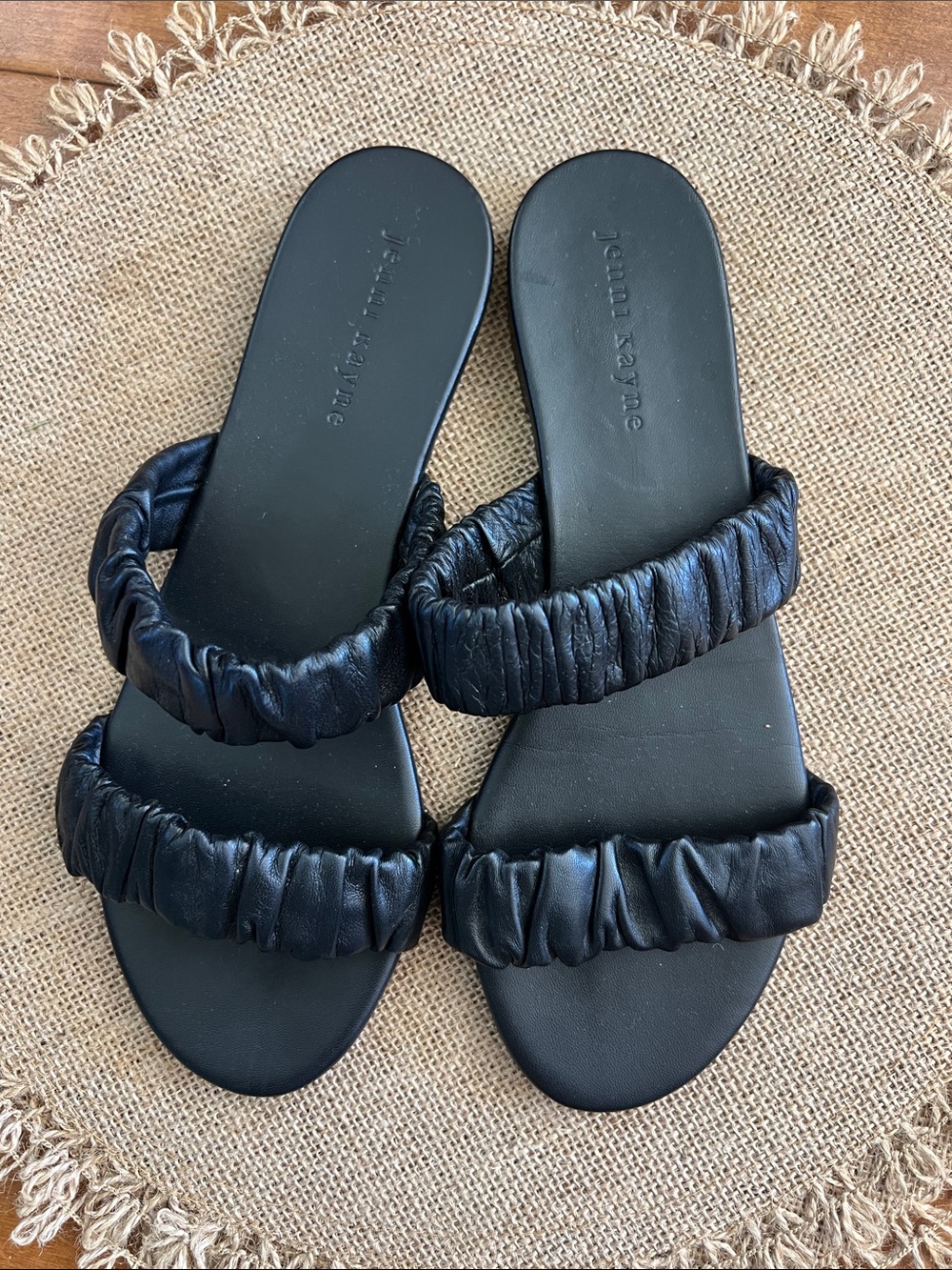 Jenni Kayne Black Ruched Double-Strap Slide Sandals